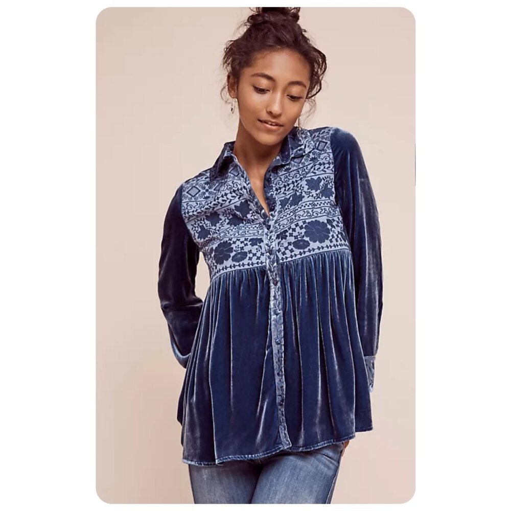 Soft Surroundings Blue Velvet Long Sleeve Buttondown Blouse sz XL